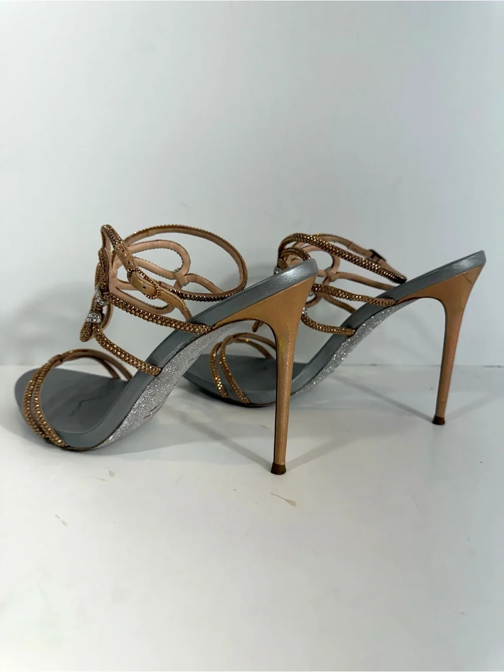 René Caovilla Crystal Butterfly Sandals 40.5 Rose Gold Gray Stiletto Heels Made